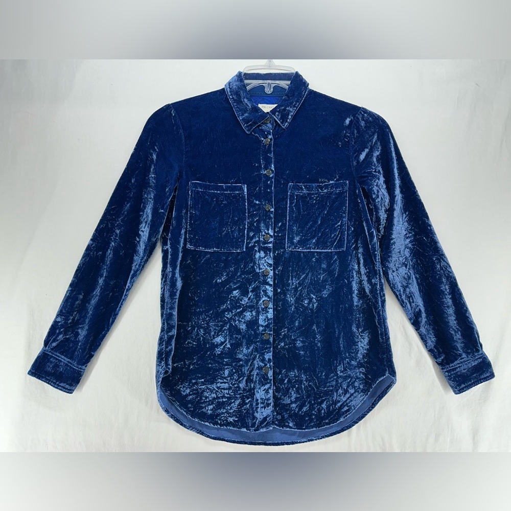 Pilcro Anthropologie Crushed Velvet Shirt Top Button Down Blue Womens Size XXS